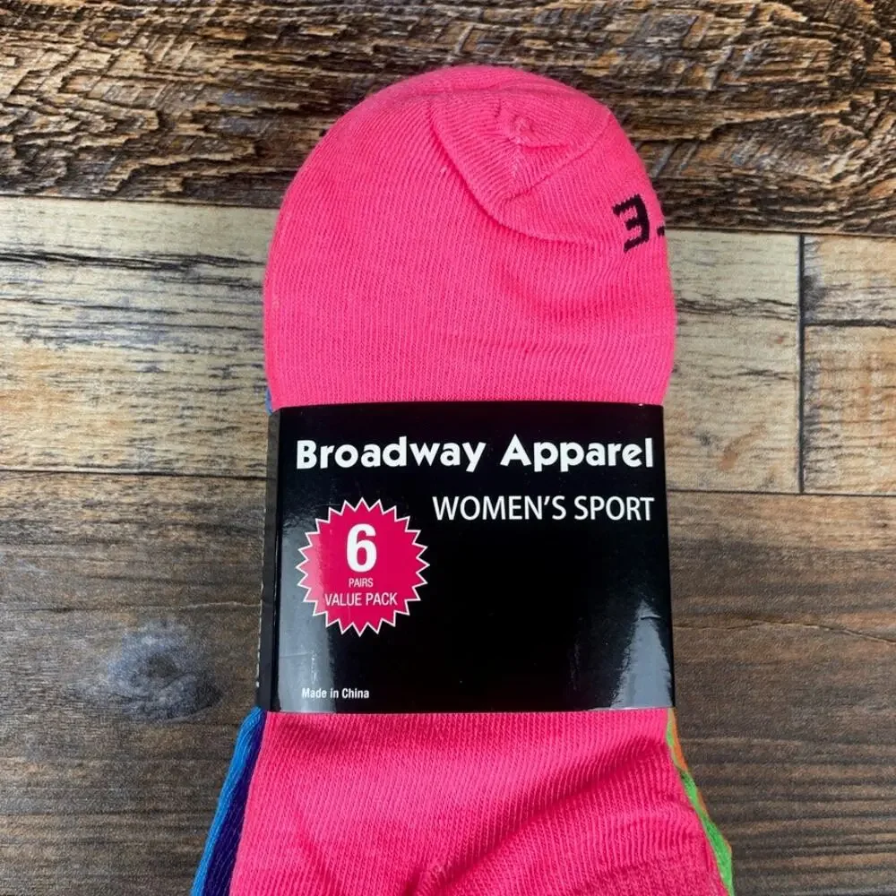 Broadway Apparel Women's Size 9-11 Multicolor Polyester Spandex 6PK Sport Socks
